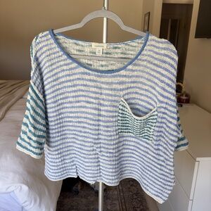 Sundance Journey Joy Sweater Cotton Striped Tee Size Petite Medium Blue Green